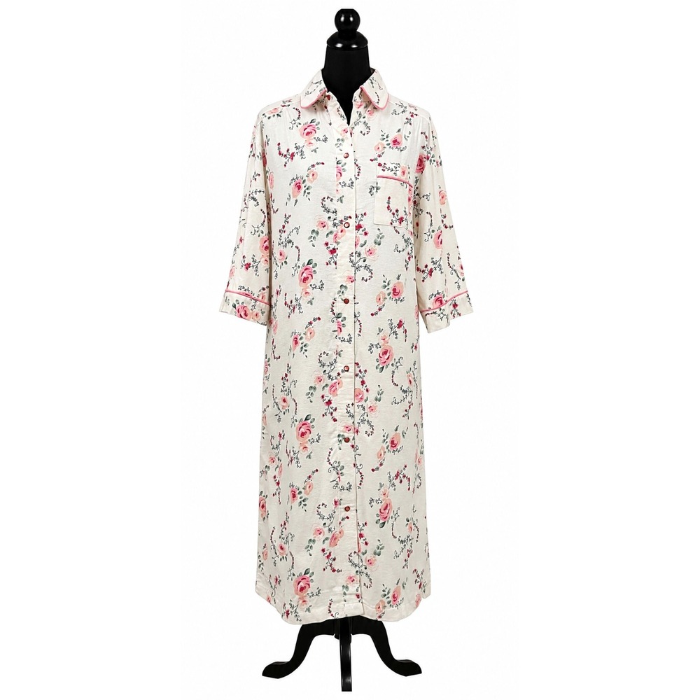 Leisure Life Womens Snap Down Robe Size Small‎ Cream Rose Floral Flannel Cotton